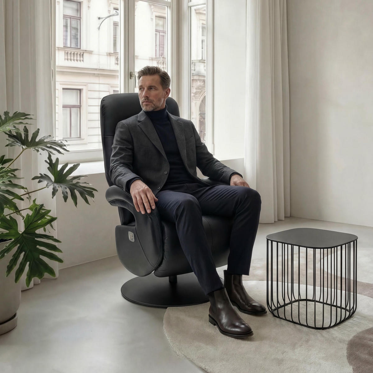 RELAXSESSEL Echtleder Schwarz - Schwarz, Leder/Metall (79/115/85cm) - Furnhouse