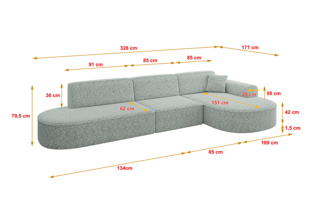 ROHOVÁ SEDACÍ SOUPRAVA s otomanem vpravo MARI-L2 – 328 x 171 x 79 cm, zelená látka - divoký dub/černá, kompozitní dřevo/textil (171/328cm) - ALTDECOR