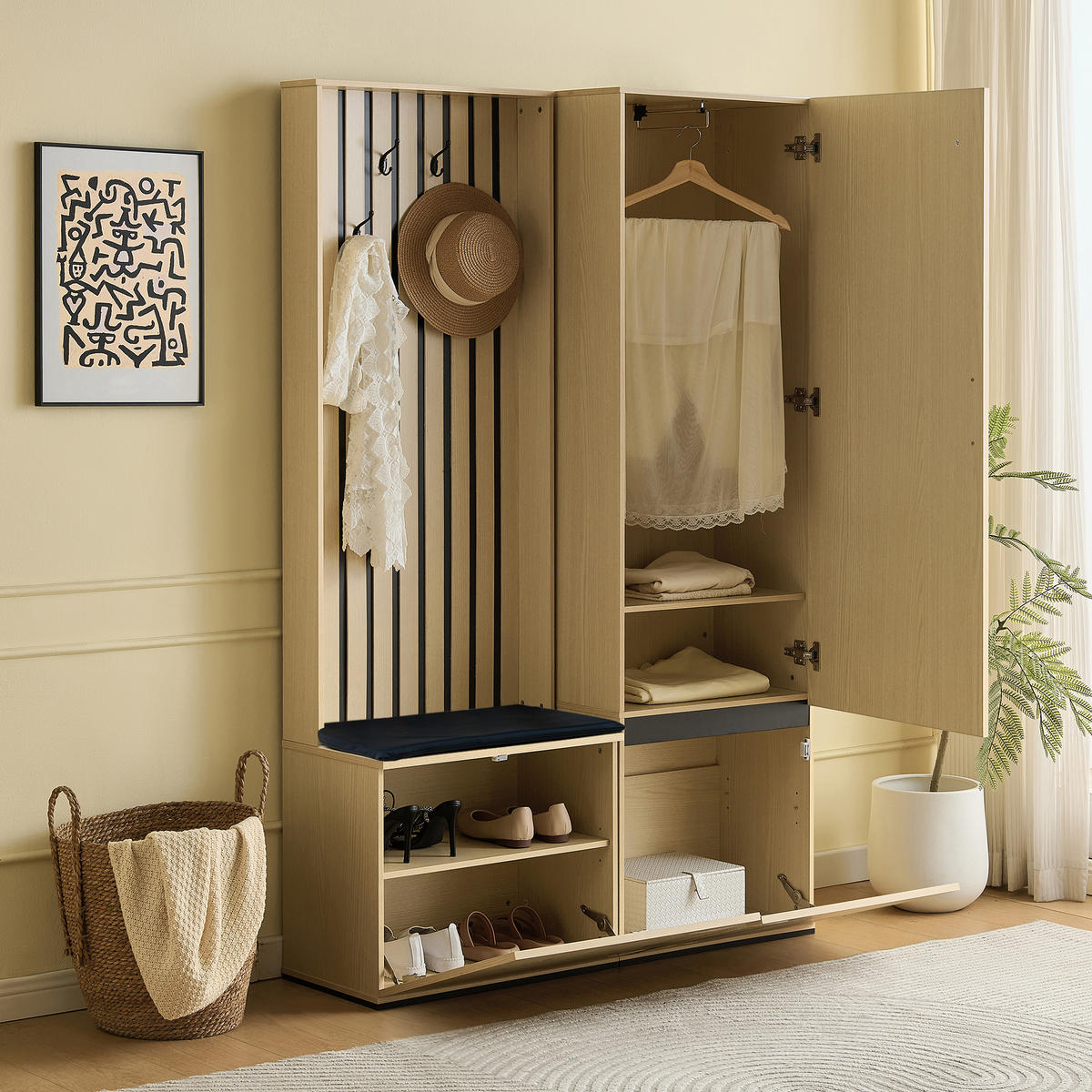GARDEROBE-SET Spiegel Sitzbank Schuhablage Kleiderstange 4 Haken - Naturfarben, Holzwerkstoff (595/179.5/345cm) - FLIEKS