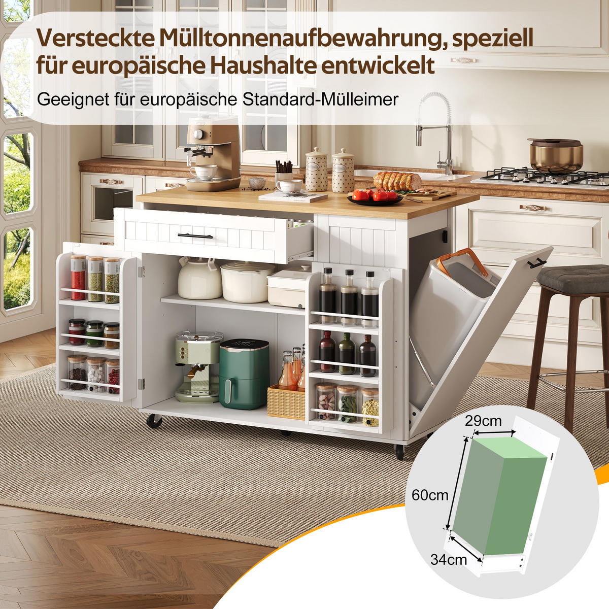 KÜCHENINSEL auf Rollen 130/45/93.3 cm Weiß mit klappbarer Arbeitsplatte, 1 Schublade und Mülleimerschrank - Weiß, Holz/Holzwerkstoff (70/93/130cm) - Oxeza