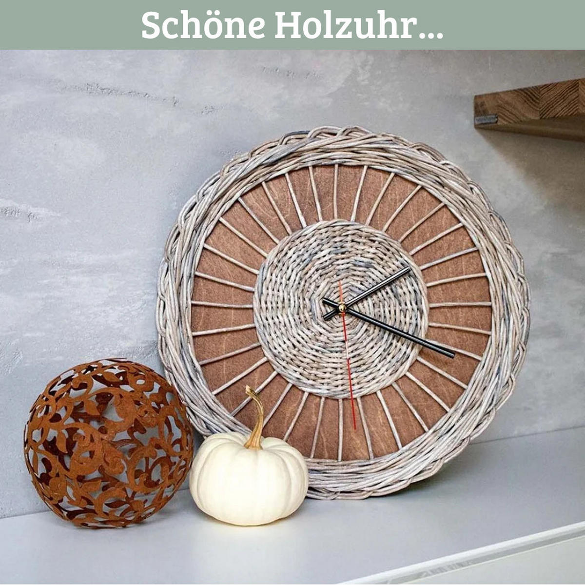 WANDUHR groß Holz RATTAN 37 cm ⌀ Massivholz Geräuschlos - Braun, Holz (37/37/4cm) - DELUKE