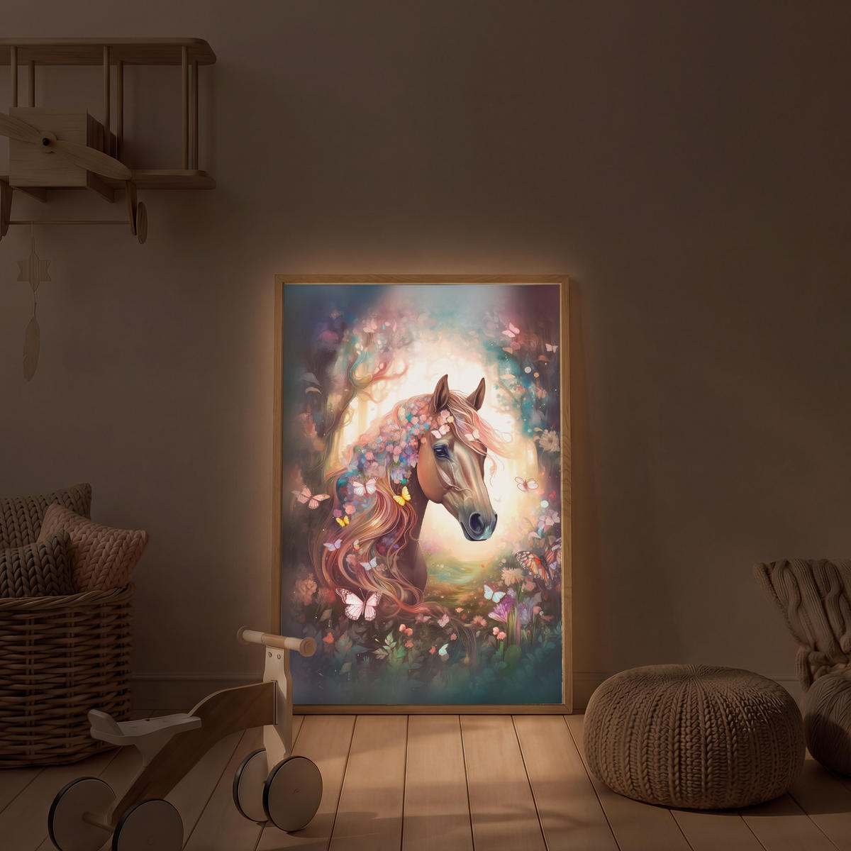 NÁSTĚNNÁ LAMPA S AKUMULÁTOREM Kůň - Příroda - Květiny - Motýli - Les 70x100 cm - tmavě hnědá, kompozitní dřevo (70/100/8cm) - OnlyWow