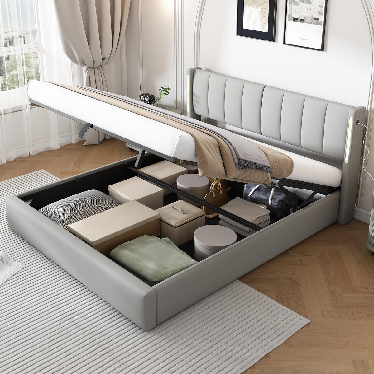ČALOUNĚNÁ postel 180/200 cm šedá z PU s LED osvětlením, USB portem a úložným prostorem - šedá, plast (180/200cm) - OKWISH