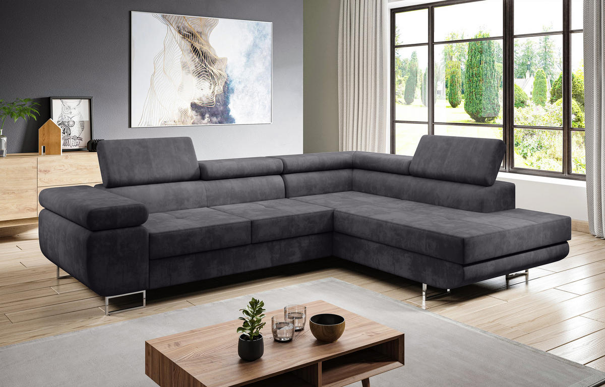 ECKSOFA L Form Kanya Hellgrau 275/202/90 cm – Sofa mit Bettfunktion & Stauraum R - Silberfarben/Grau, Textil/Metall (275/202cm) - AX Living