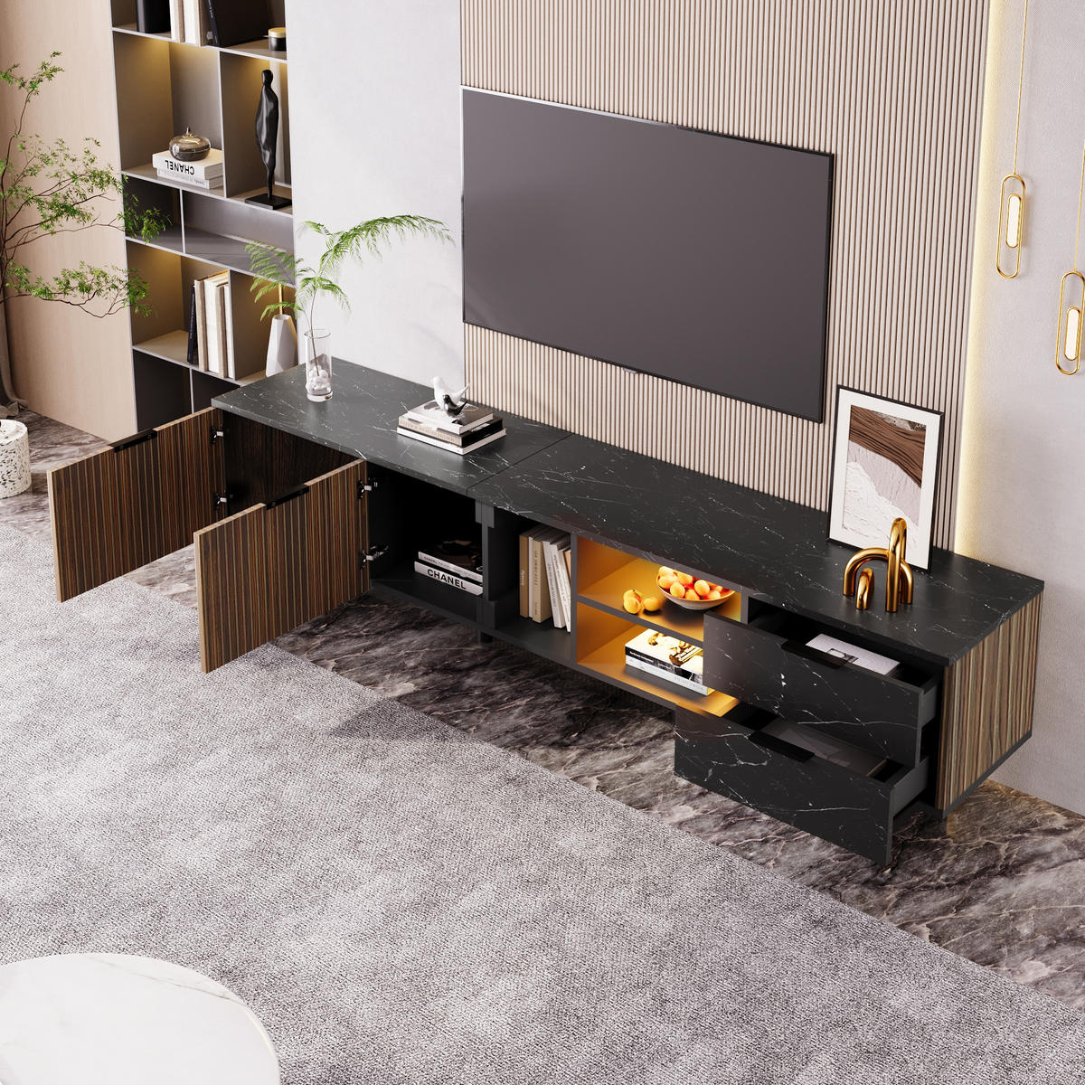 TV Lowboard LED 200x38x50 cm, 2 Türen, 2 Schubladen - Schwarz, Holz (200/50/38cm)