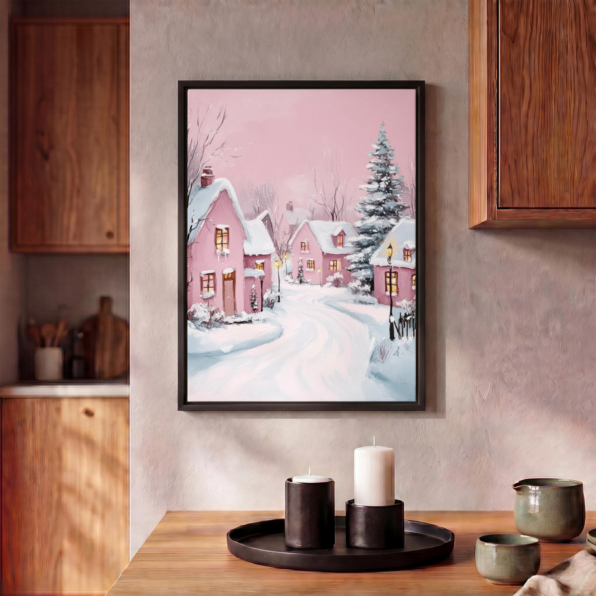 LEINWAND Bilder mit Rahmen - Weihnachtsdorf - Rosa - Winter - Schnee - Häuser - 30x40 - Altrosa, Textil (30/40cm) - MuchoWow