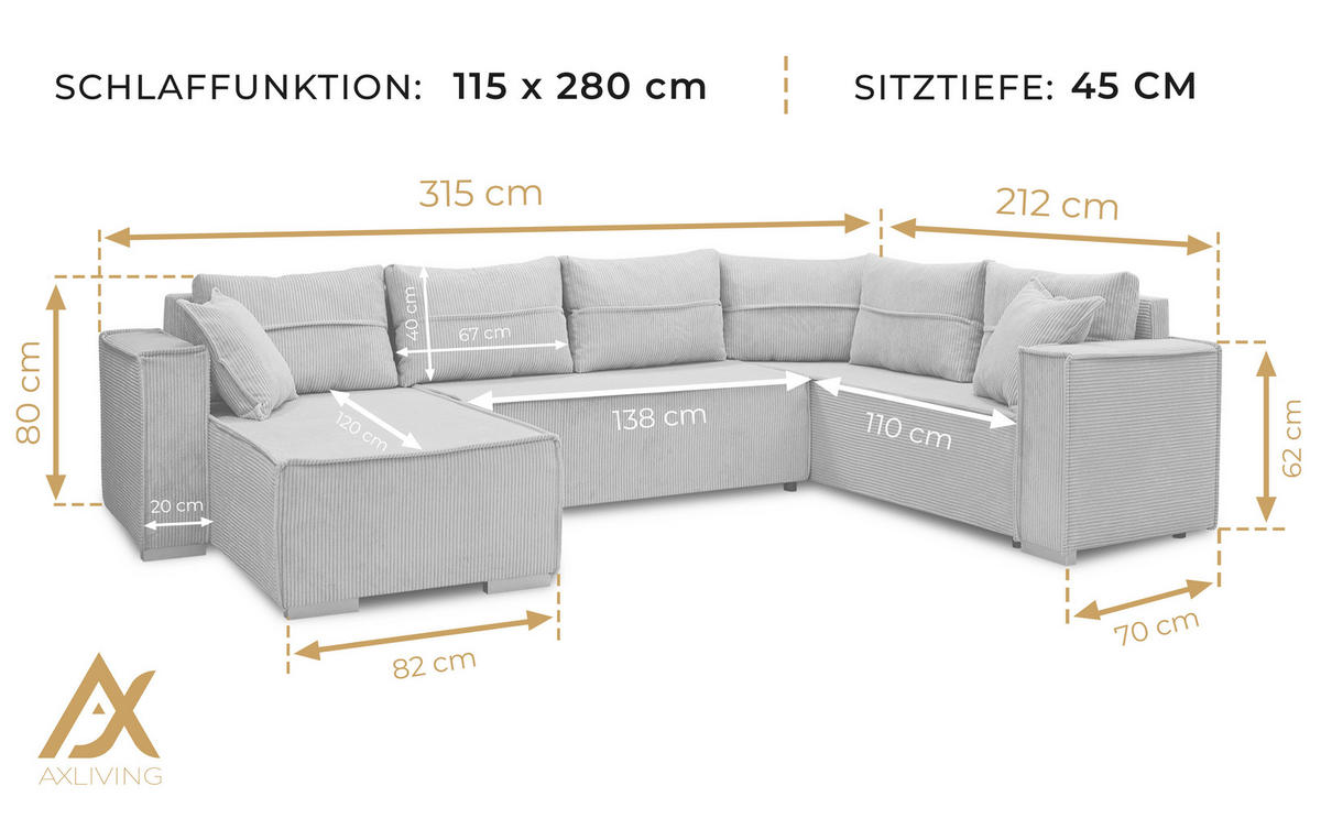 WOHNLANDSCHAFT Lovere U Gelb 314/217/90 cm – mit Schlaffunktion und Bettkasten - Gelb/Silberfarben, Textil/Metall (314/90/217cm) - AX Living