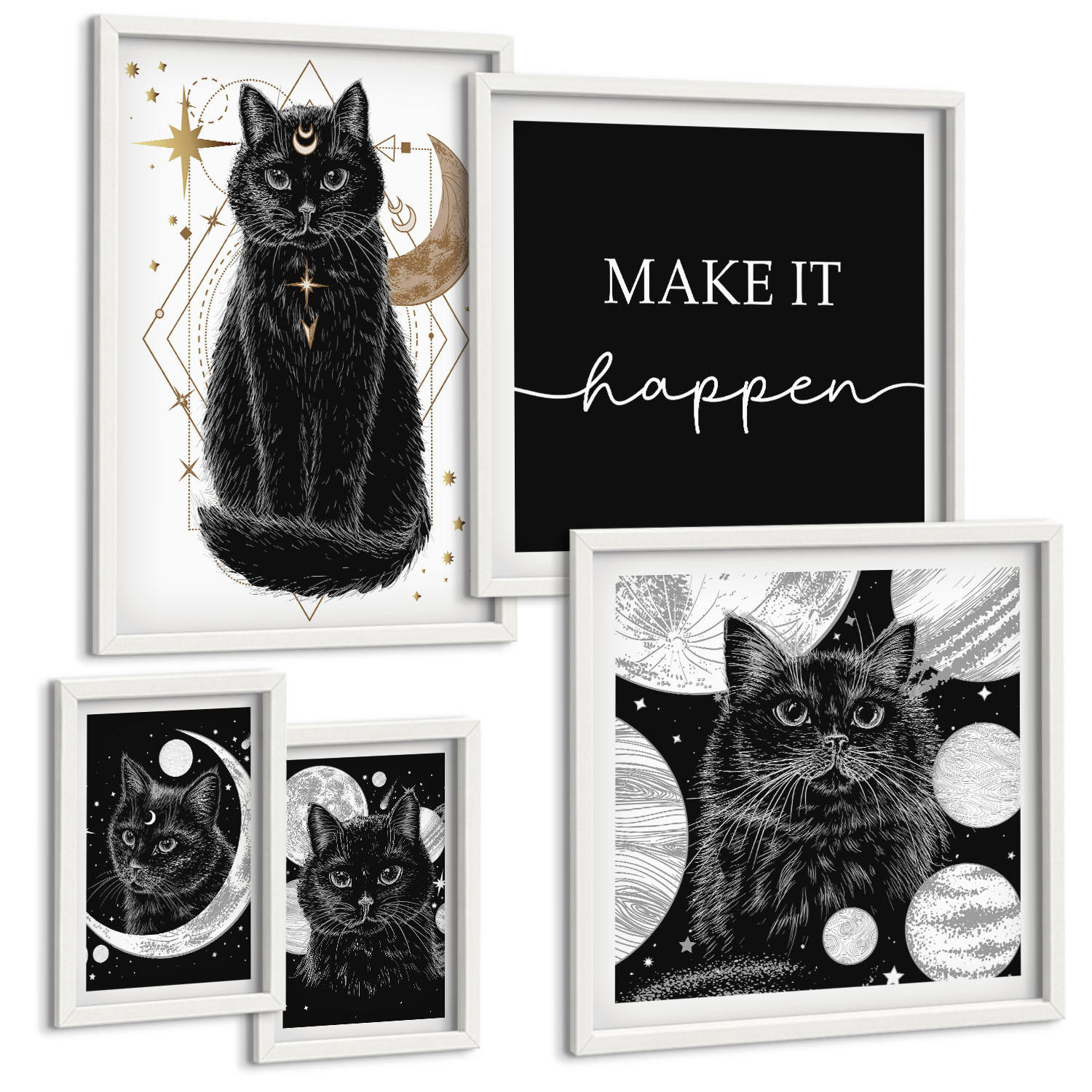 BILDER SET 5er Set - 50x50 cm & 20x30 cm & 40x60 cm Weißer Rahmen - Schwarze Katzen, Mond, Planet - Weiß, Kunststoff (40/60cm) - TULUP