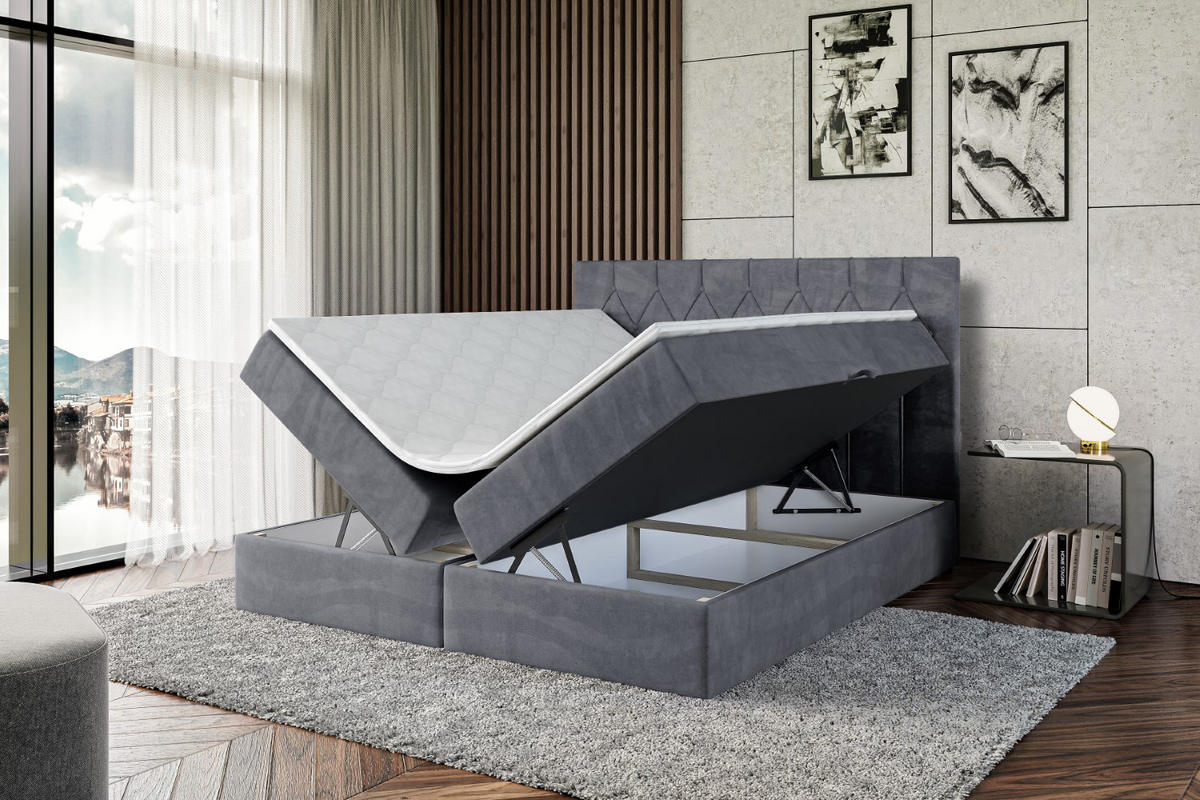 BOXBETT mit H4-Matratze und Lattenrost - VELANTO-BZ - 180x200 Schwarz Hochglanz - Dunkelgrau, Holzwerkstoff (180/200cm) - ALTDECOR