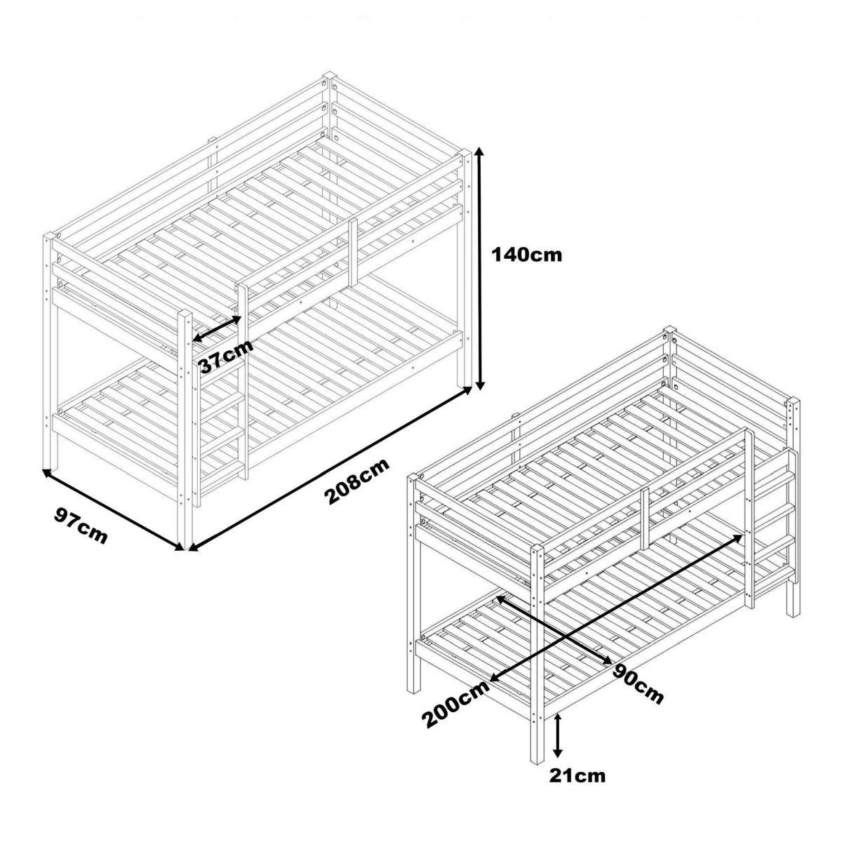ETAGENBETT Jip + Matratze - Grau, Holz - Sunny