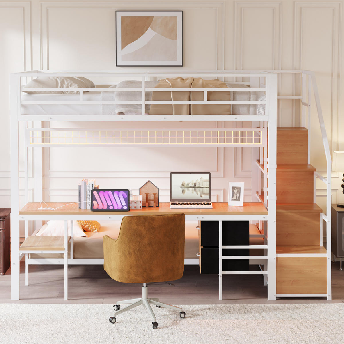 HOCHBETT 140/200 cm und 90/200 cm Weiß aus Metall und MDF mit Schreibtisch - Weiß, Metall (140/200cm) - OKMYHOME