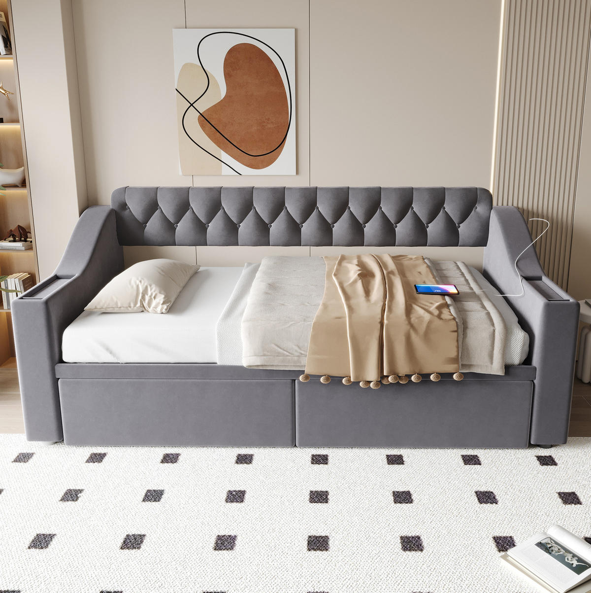 POLSTERBETT aus Samt 90x190 cm Dunkelgrau mit USB- und Typ-C-Anschluss, Stauraumarmlehnen und 2 Schubladen - Grau, Textil (90/190cm) - Modfu