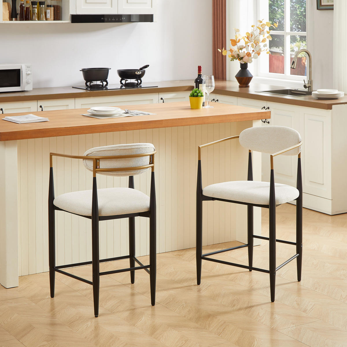 BARHOCKER 2er-Set mit Armlehnen, beigen Stoffpolstern und schwarzem Metallgestell mit goldfarbenen Akzenten - Beige, Textil (55/94/59cm) - MIVRAY