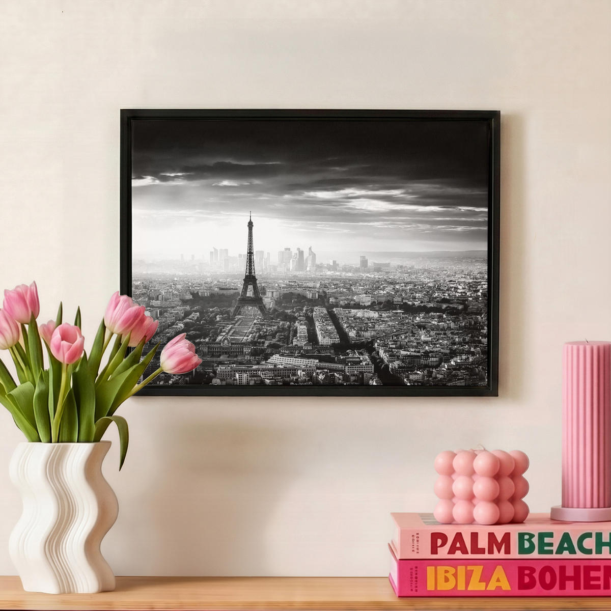 LEINWAND Bilder mit Rahmen - Paris - Skyline - Eiffelturm - Stadt - Wolken - 40x30 - Dunkelgrau, Textil (40/30cm) - MuchoWow