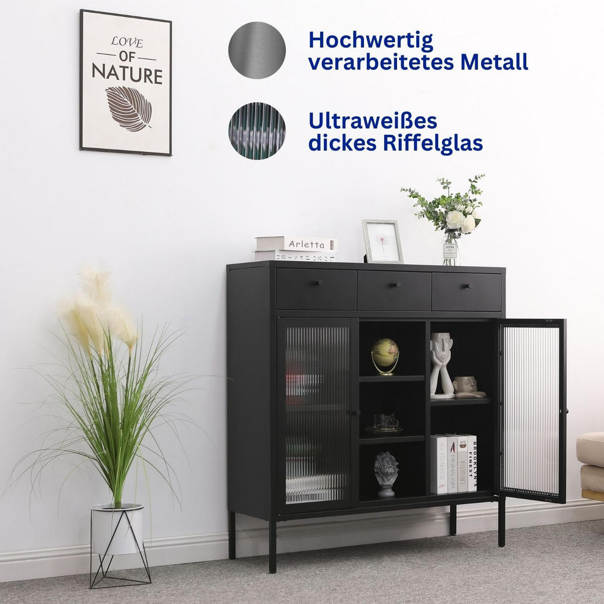 KOMMODE PARIS Metall Schwarz mit 3 Schubladen 105/35/110 cm - Schwarz, Metall (35/110/105cm) - Mein-Regal