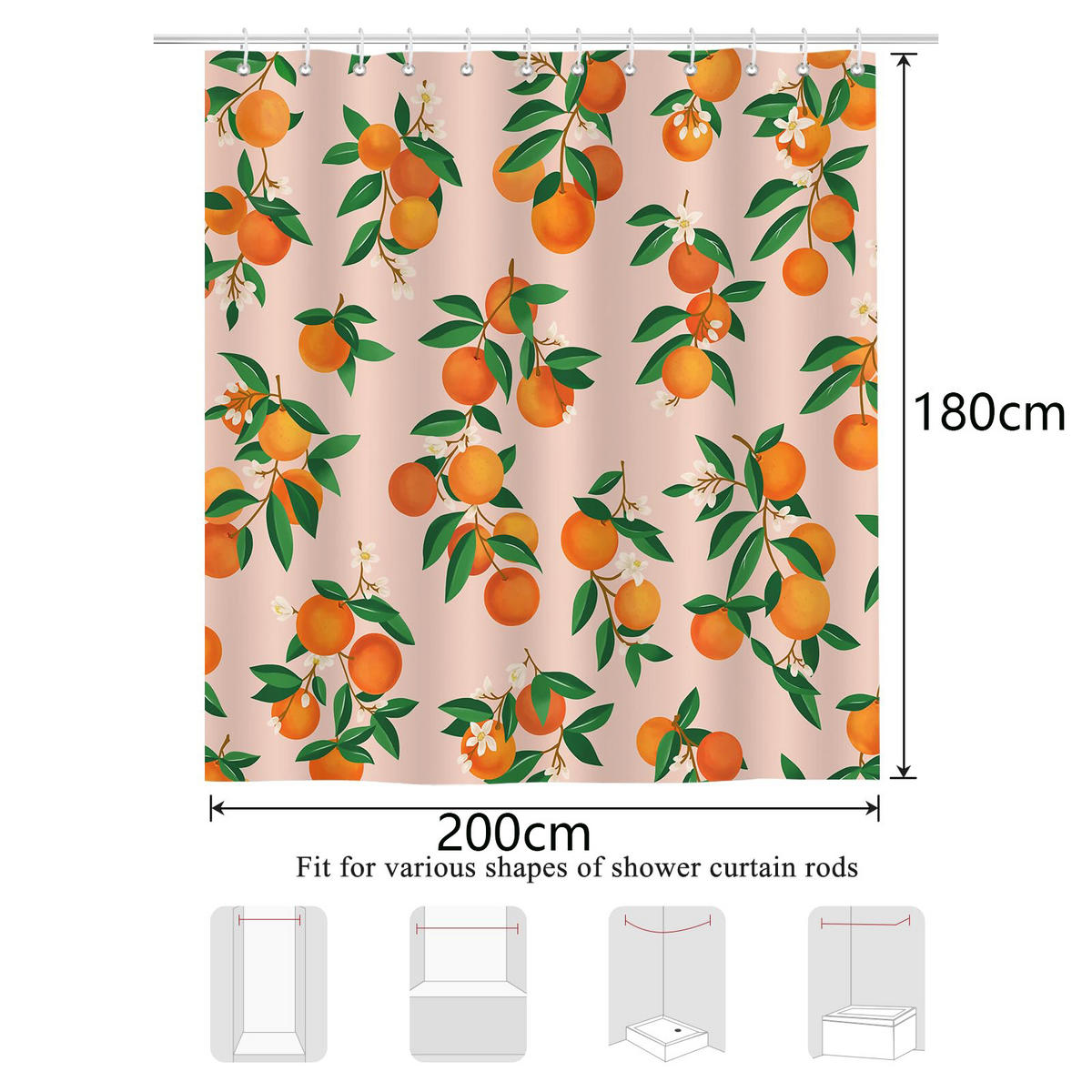 DUSCHVORHANG Orange wasserdicht maschinenwaschbar mit Haken für Badewanne - Orange, Textil (200/180cm) - MCBOSON