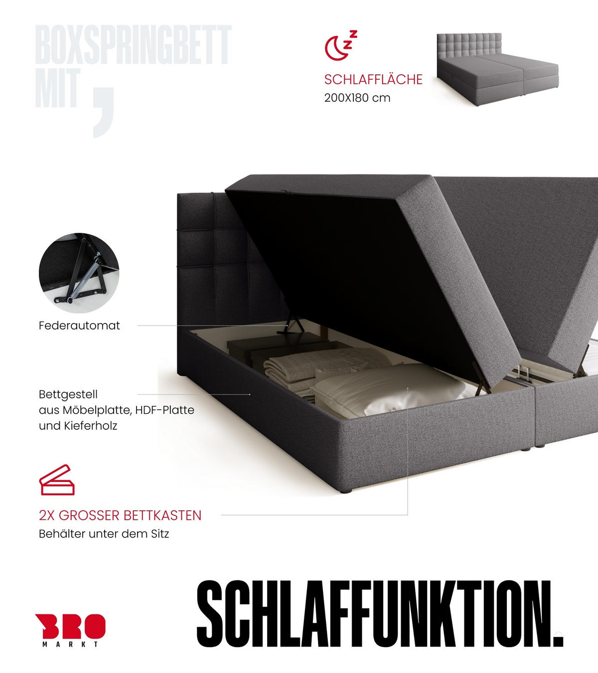 BOXBETT Detroit mit Topper 180/200 Grau - Grau, Textil (180/200cm) - Bromarkt