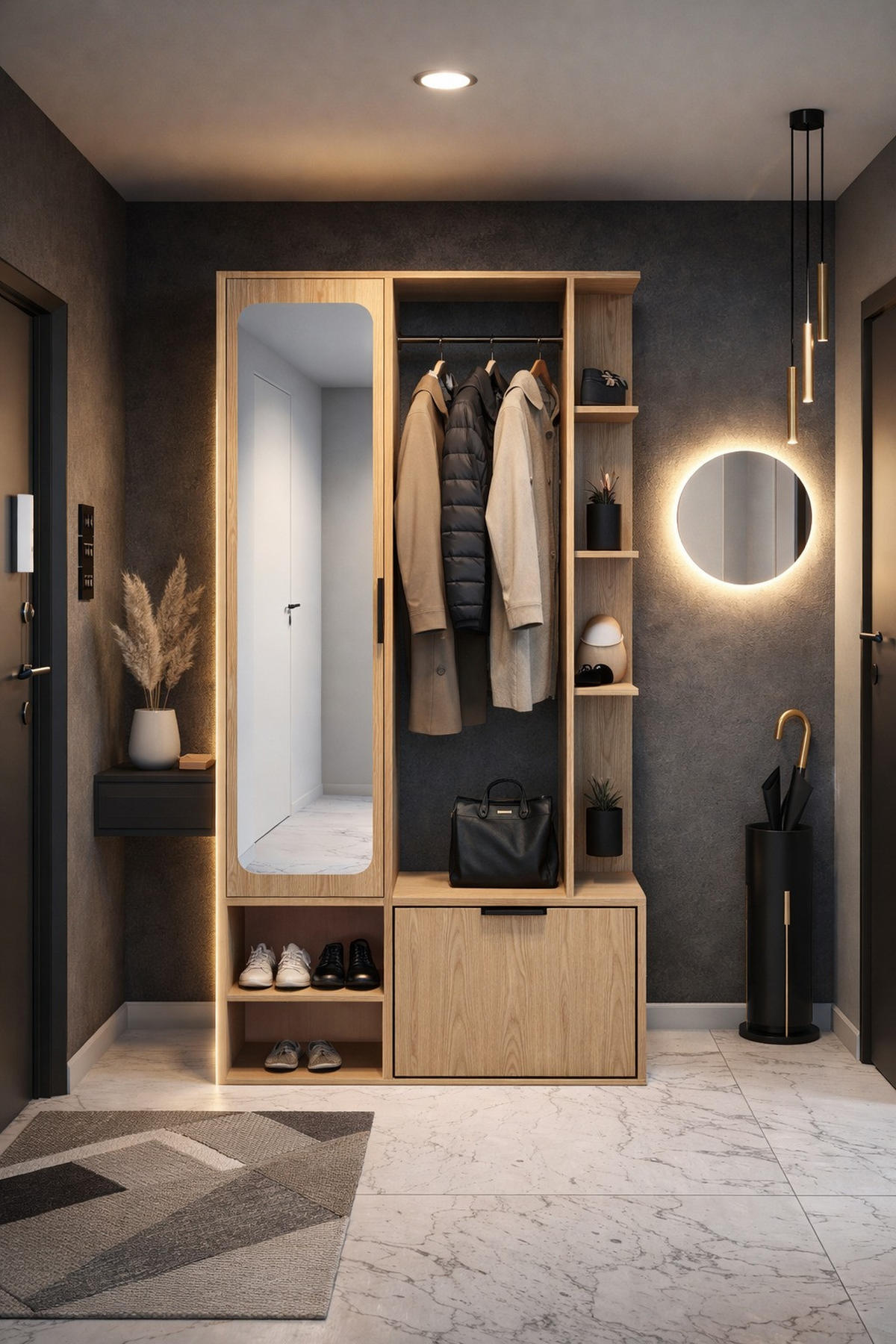 GARDEROBE Mela mit Spiegel, Sitzbank & Kleiderstange – 100/189/33 cm – Eiche Hellbraun - Eichefarben/Schwarz, Holzwerkstoff/Metall (100/189.4/33cm) - WFL GROUP