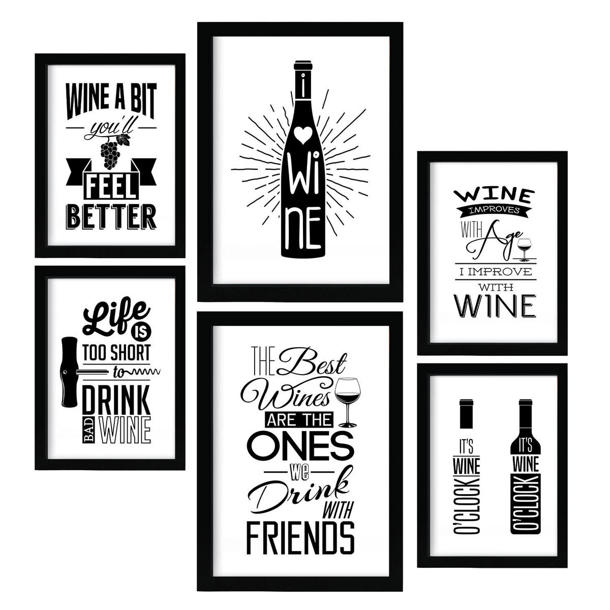 POSTER Set Mit 6 Weinästhetik Größe A3 & A4 Schwarzer Rahmen - Schwarz, Papier (29.7/1cm) - Nacnic