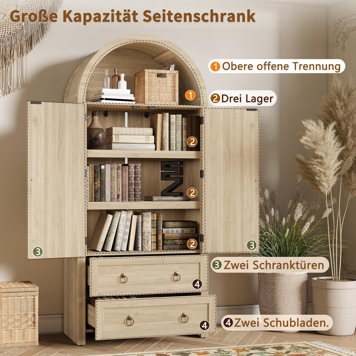 SIDEBOARD Korbgeflecht Bogenstil 2 Schubladen Vintage Wohn Schlafzimmer - Eichefarben, Holzwerkstoff (80/180/40cm) - FLIEKS