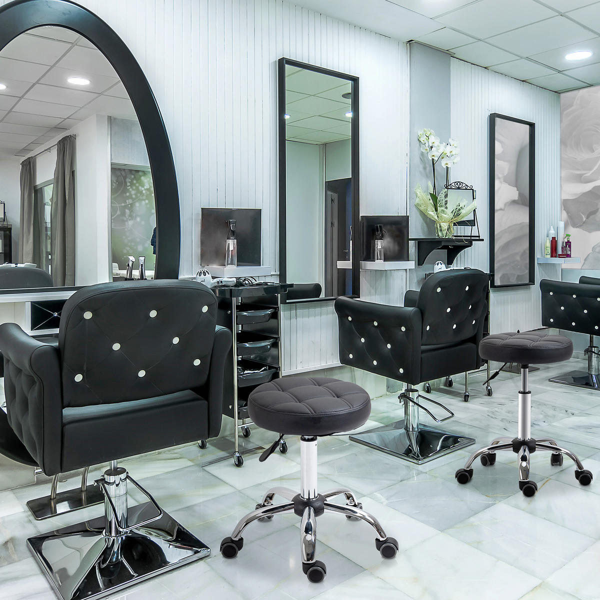 DREHHOCKER, 2er-Set Rollhocker, Kunstleder, Schwarz - Schwarz, Leder (35.5/63/35.5cm) - HOMCOM