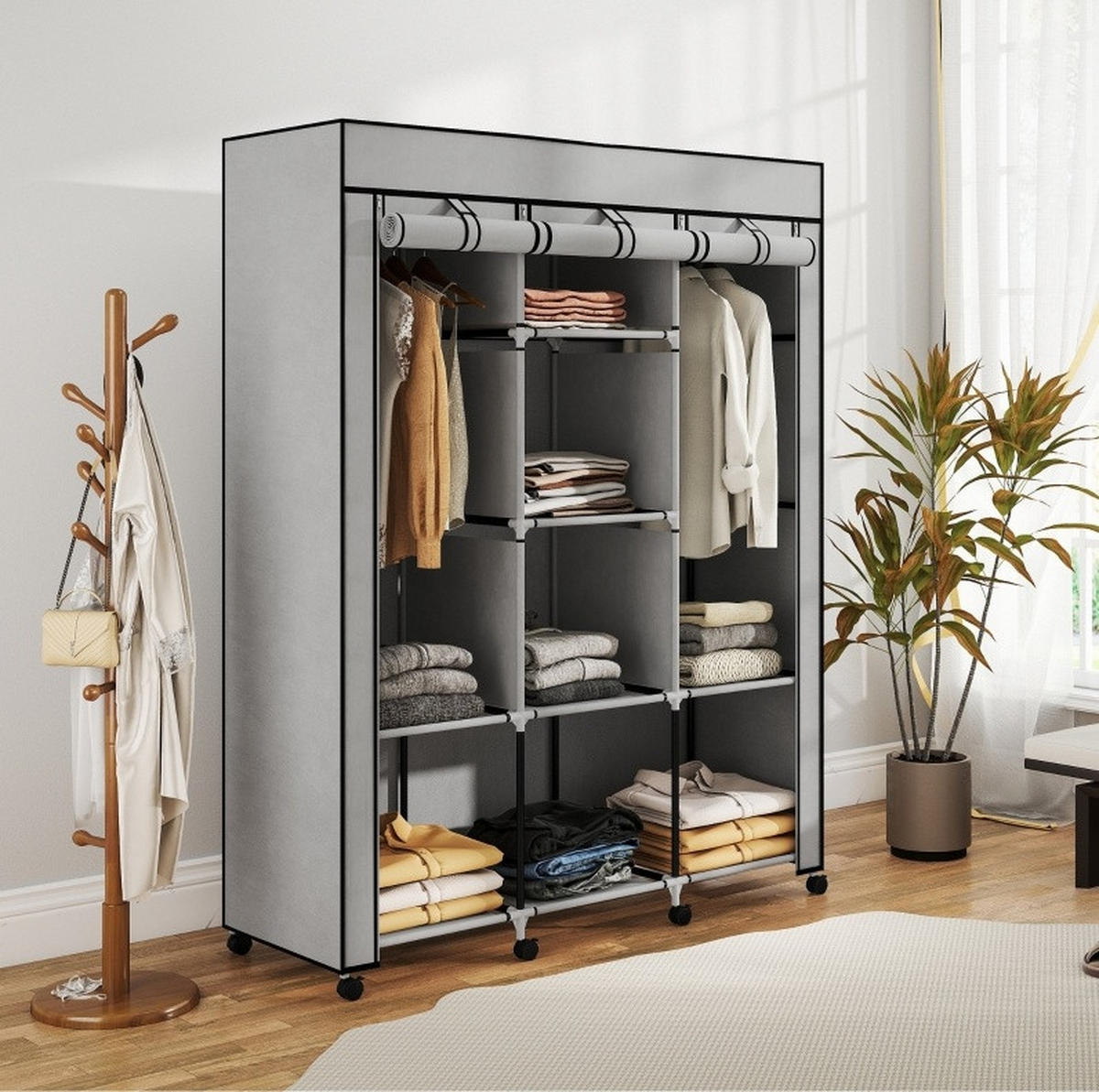 KLEIDERSCHRANK aus Stoff 125x43x162,5 cm Hellgrau mit 8 Fächern, 2 Kleiderstangen und Staubschutz - Hellgrau, Textil (125/162.5/43cm) - Modfu