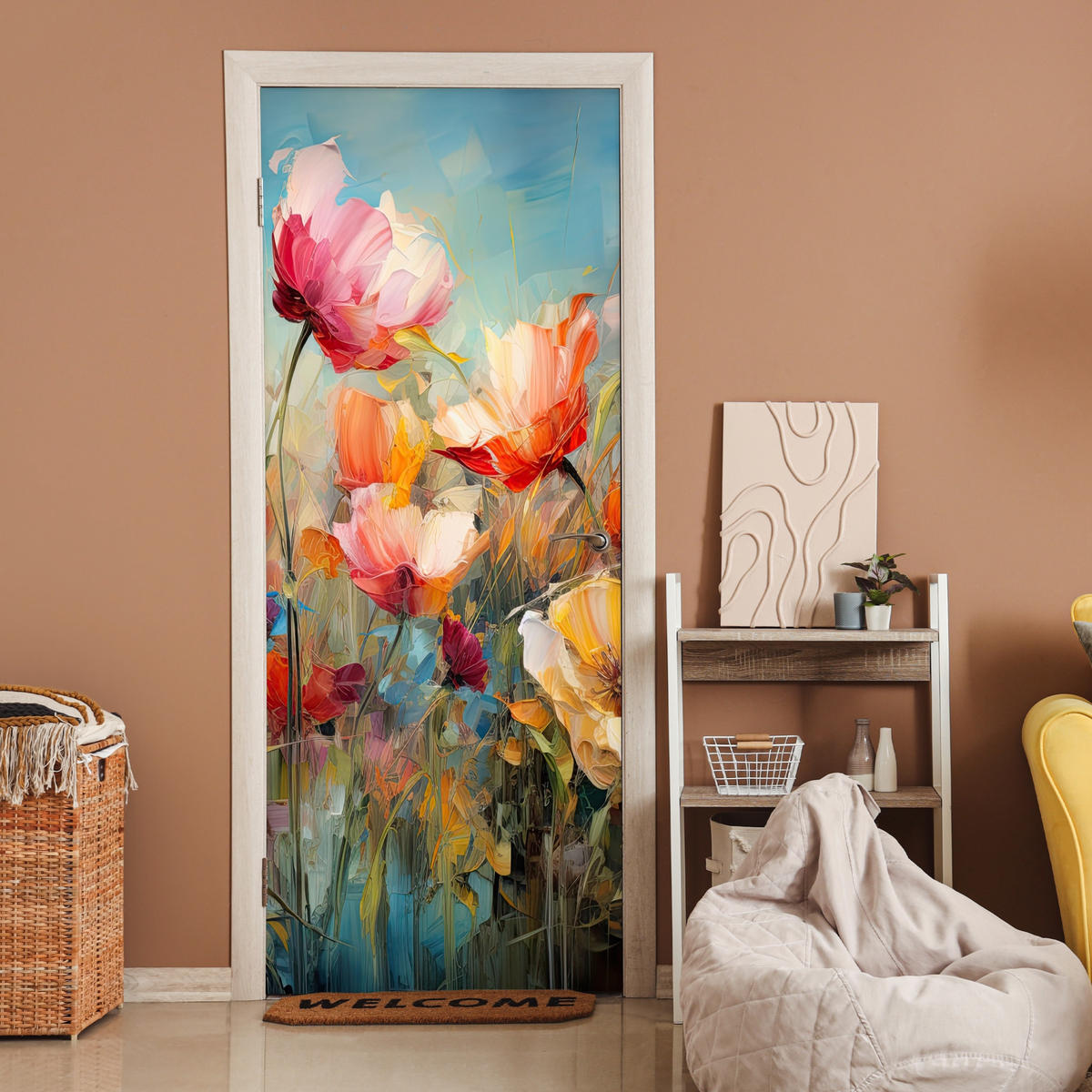 NÁLEPKA NA DVERE Kvety - Akvarel - Umenie - Botanické - Príroda 80x215 cm - oranžová, plast (80/0.1cm) - MuchoWow
