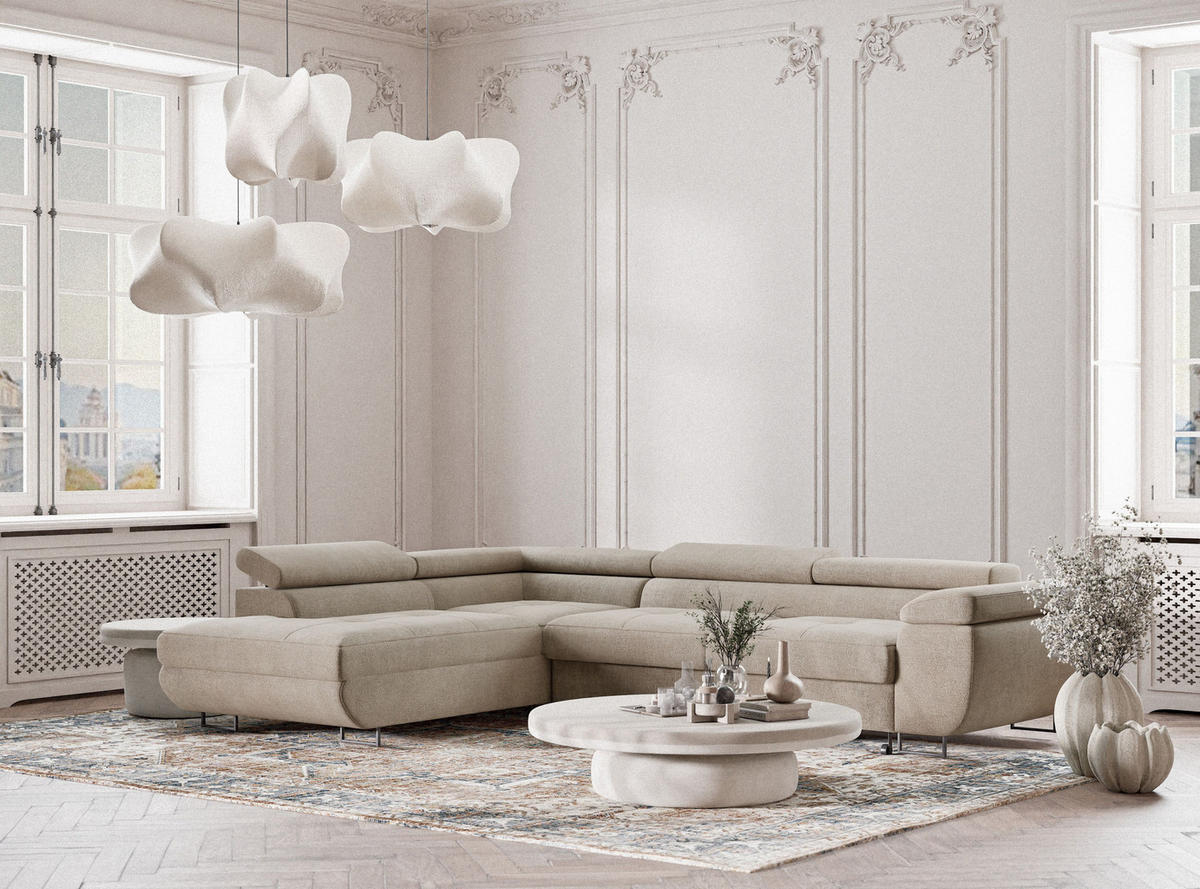 ECKSOFA Concord Beige Chenille-Stoff - Links Seite - Beige/Schwarz, Holz/Holzwerkstoff (203/277cm) - Maison de Reve