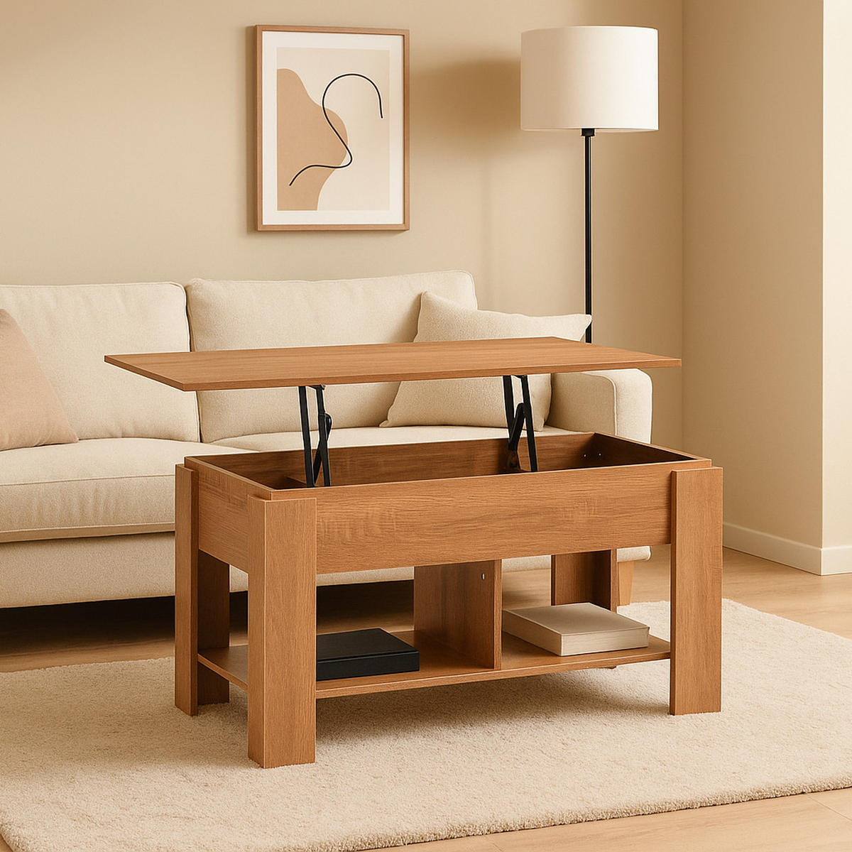 COUCHTISCH mit Lift-Top, Stauraum und Ablagefach, Eiche Optik - Braun, Holz (96/50/47cm) - Urban Meuble