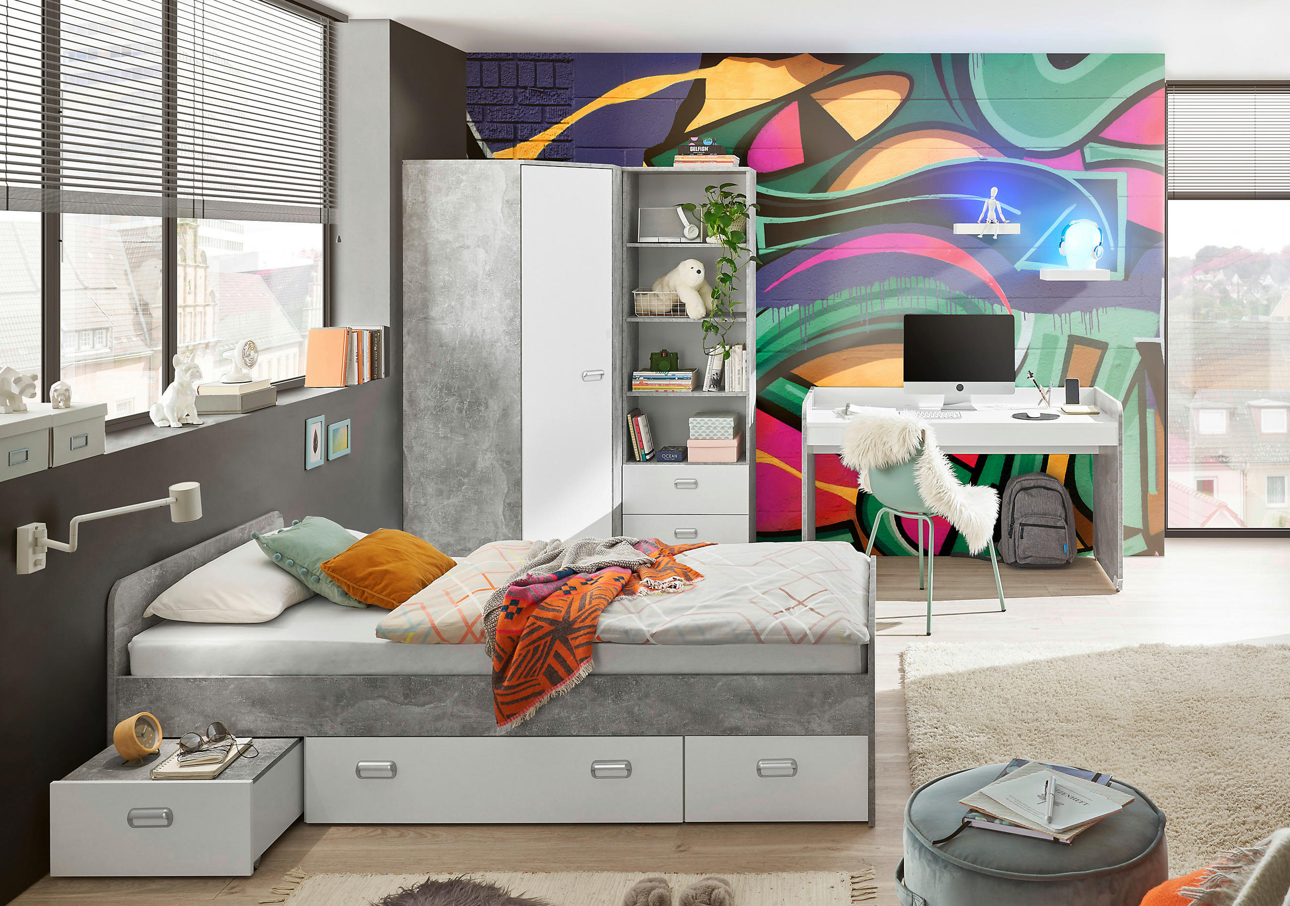 JUGENDZIMMER Matino in Beton hell und Weiß 4 teilig - Grau, Holzwerkstoff (120/200/80cm)