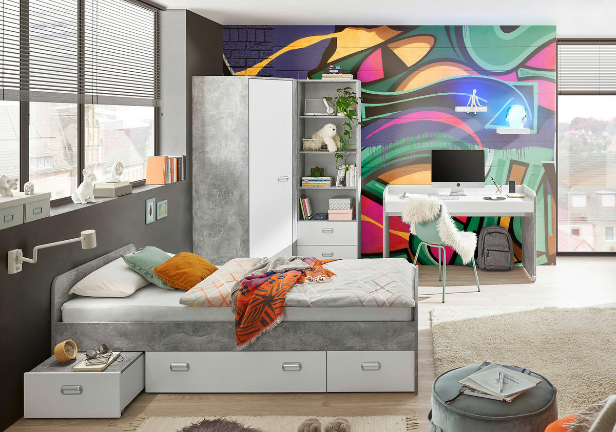 JUGENDZIMMER Matino in Beton hell und Weiß 4 teilig - Grau, Holzwerkstoff (120/200/80cm)