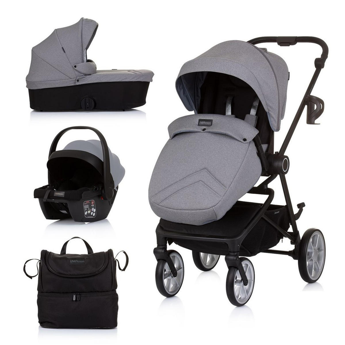 KOMBIKINDERWAGEN Linea 3 in 1 grau Sportsitz, i-Size Babyschale, Babywanne - Grau, Metall (98/58/116cm) - Chipolino