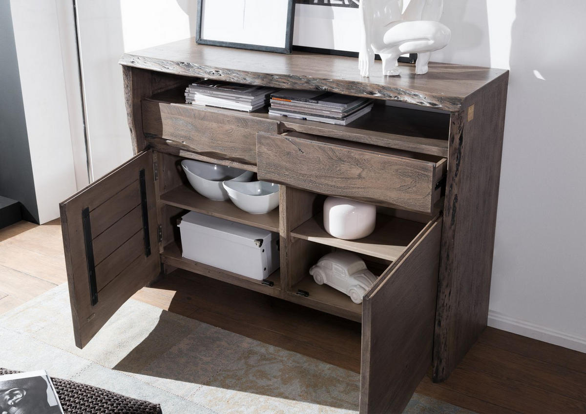 SIDEBOARD Akazie 131x45x96 grau lackiert PURE ACACIA #401 - Grau, Holz (131/96/45cm) - Massivmoebel24