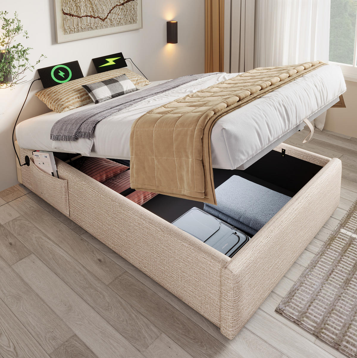 TAPECIRANI krevet 90/190 cm prirodni od lana s prostorom za odlaganje i USB/Type-C priključkom - bež, tekstil (90/190cm) - OKWISH