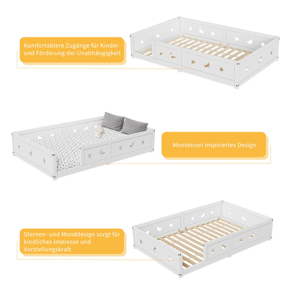 KINDERBETT 120x200 cm Massivholz Lattenrost Stern Mond weiß - Weiß, Holz (120/200cm) - LEBENLANG