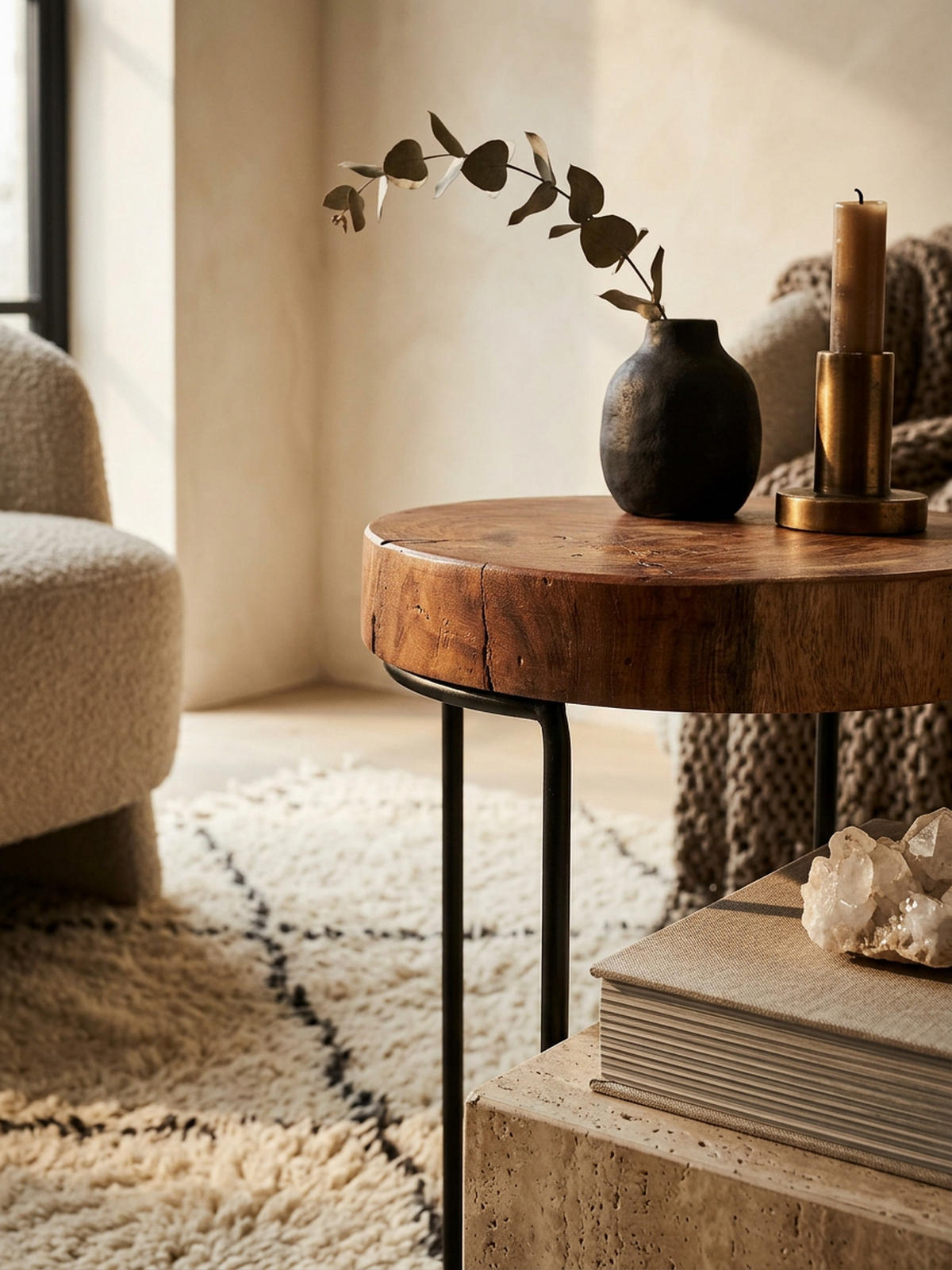 BEISTELLTISCH Massivholz Metallgestell Baumstammplatte Landhausstil INDI, Braun 28x28x55 cm - Schwarz/Braun, Holz/Metall (28/28/55cm) - KADIMA DESIGN