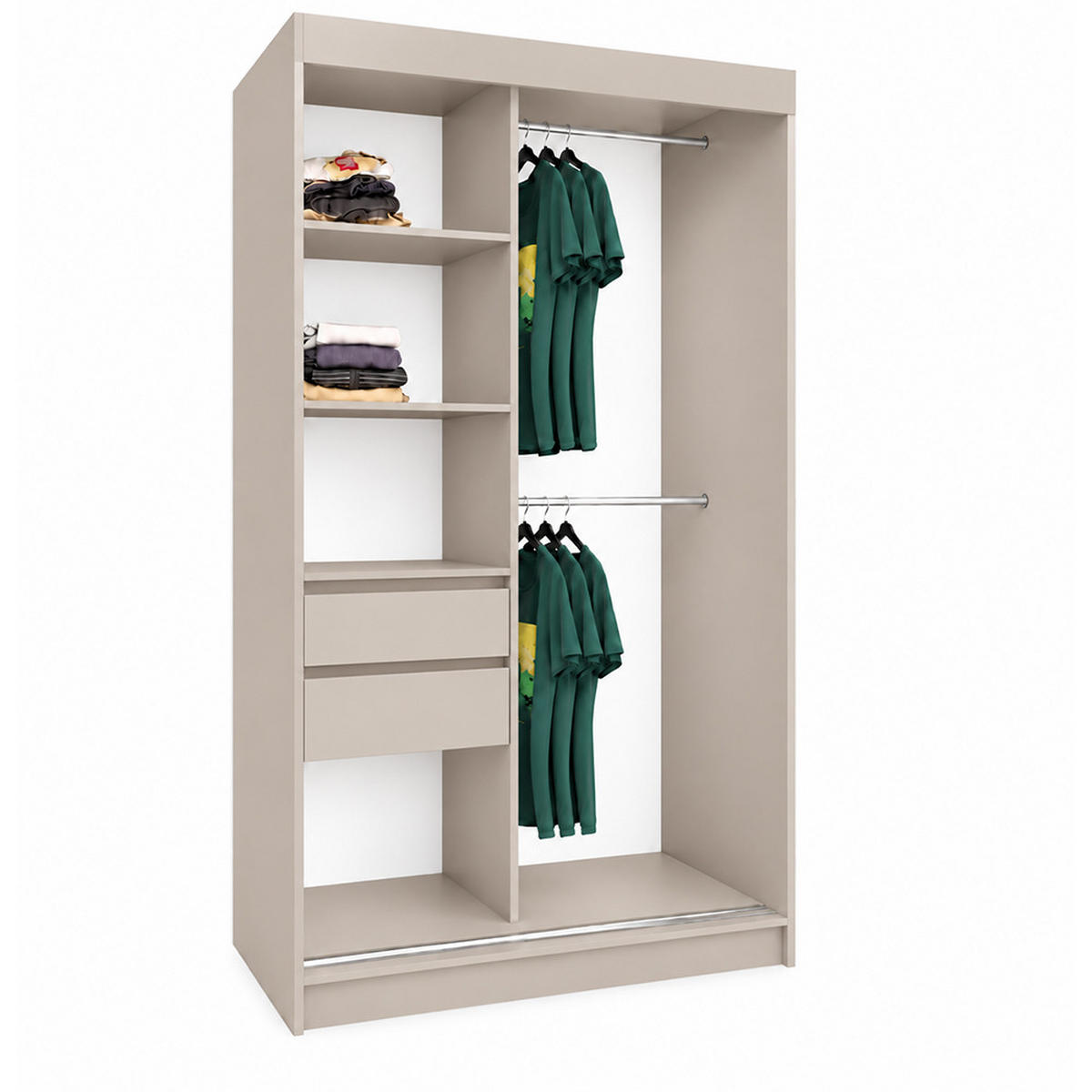 KLEIDERSCHRANK Malika 120 cm Kaschmir Spiegel 2 Schubl. Griffe silber - Kaschmir, Holzwerkstoff (120/216/61cm) - KS Home Concept