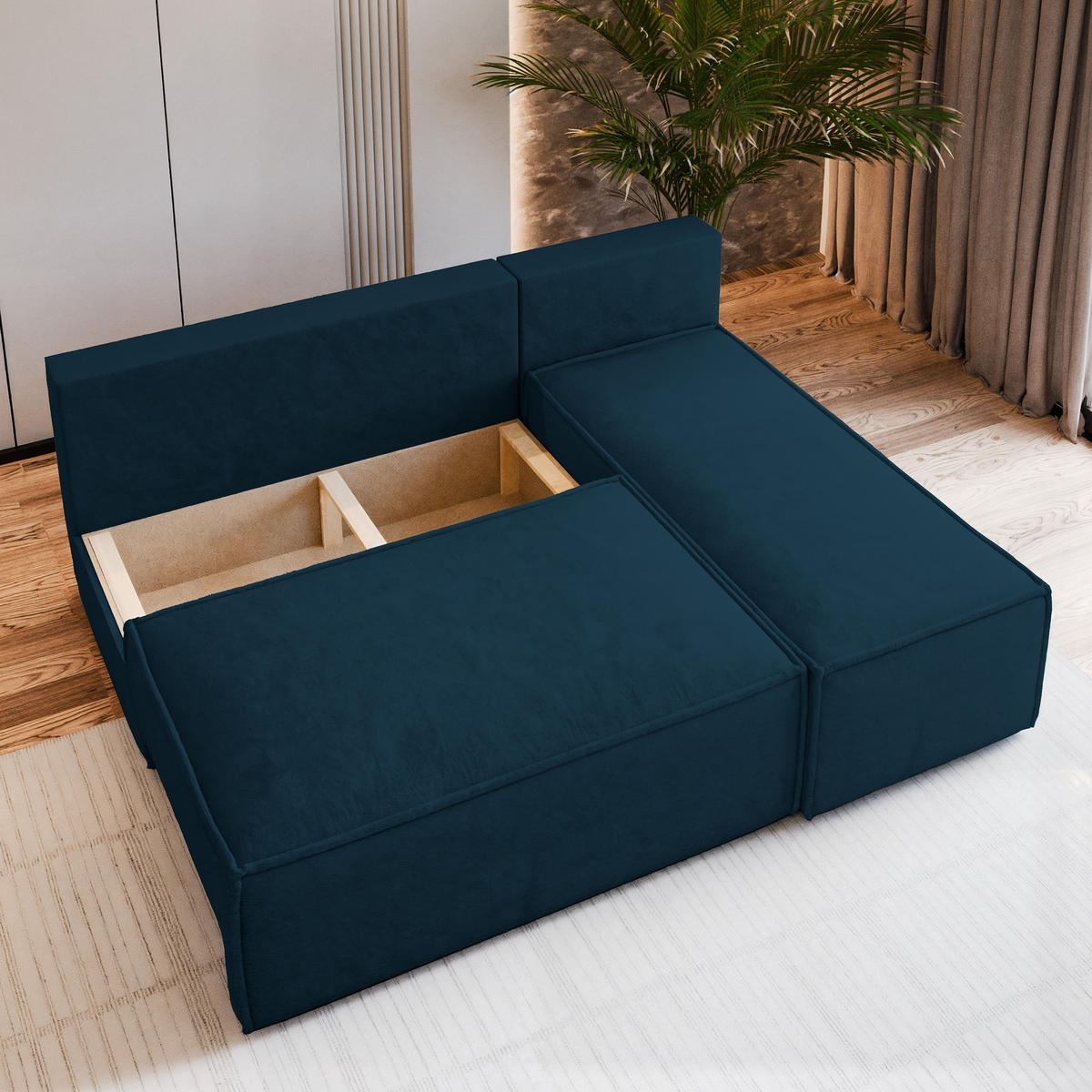 ECKSOFA BRISO M Blau Velours-Stoff mit Schlaffunktion - Blau, Holz (200/140cm) - MASSENO