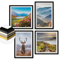 WANDBILDER 4er-Set - 50x50 cm & 40x60 cm Schwarzer Rahmen - Berglandschaft, See, Hirsche - Schwarz, Kunststoff (50/50cm) - ArtPrintCave