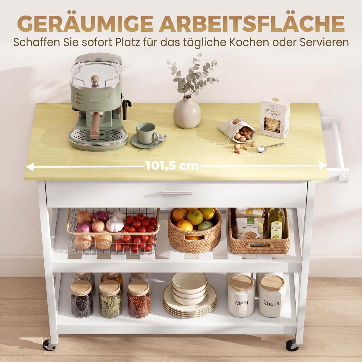 KÜCHENWAGEN, Rollwagen mit Arbeitsplatte und Handtuchhalter, Weiß - Multicolor, Metall (108.8/92.5/51cm) - FORIOUS