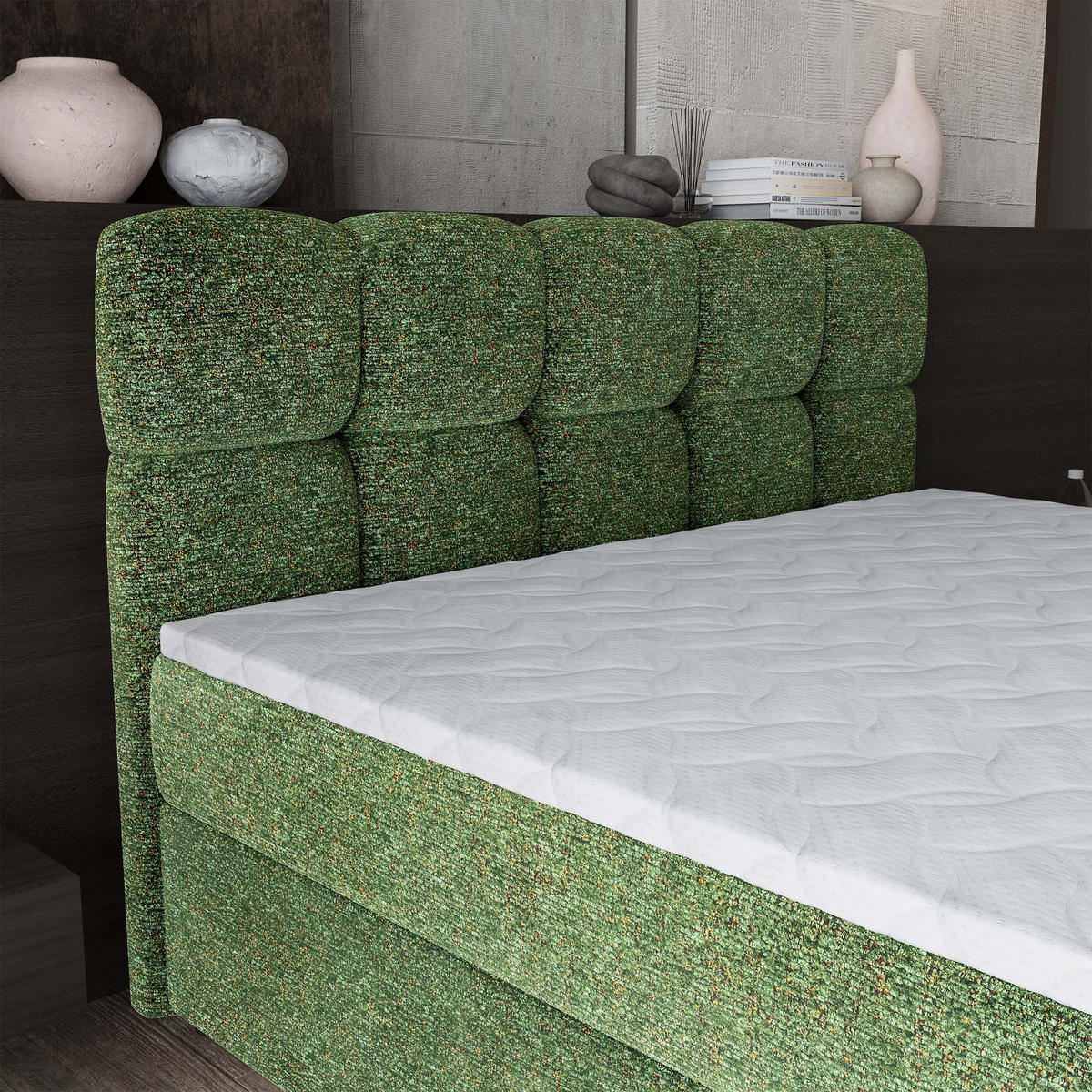 BOXBETT BRUME 180x200 cm mit Matratze und Topper, H2+H3 - Grün - Grün, Holz (180/200cm) - MASSENO