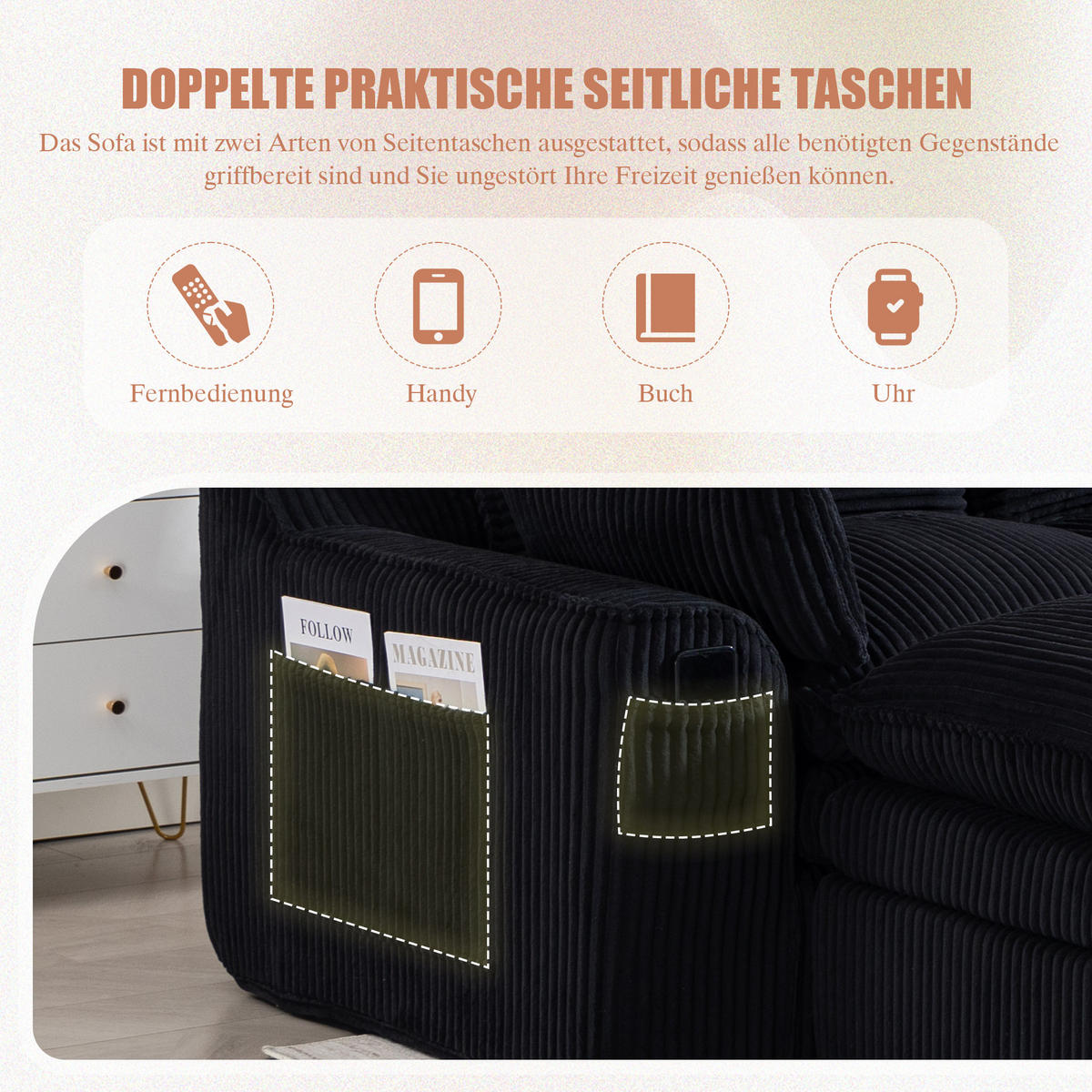 WOHNLANDSCHAFT Cord Schwarz mit Kissen und Seitentaschen - Schwarz, Textil (335/85/167cm) - WISHDOR