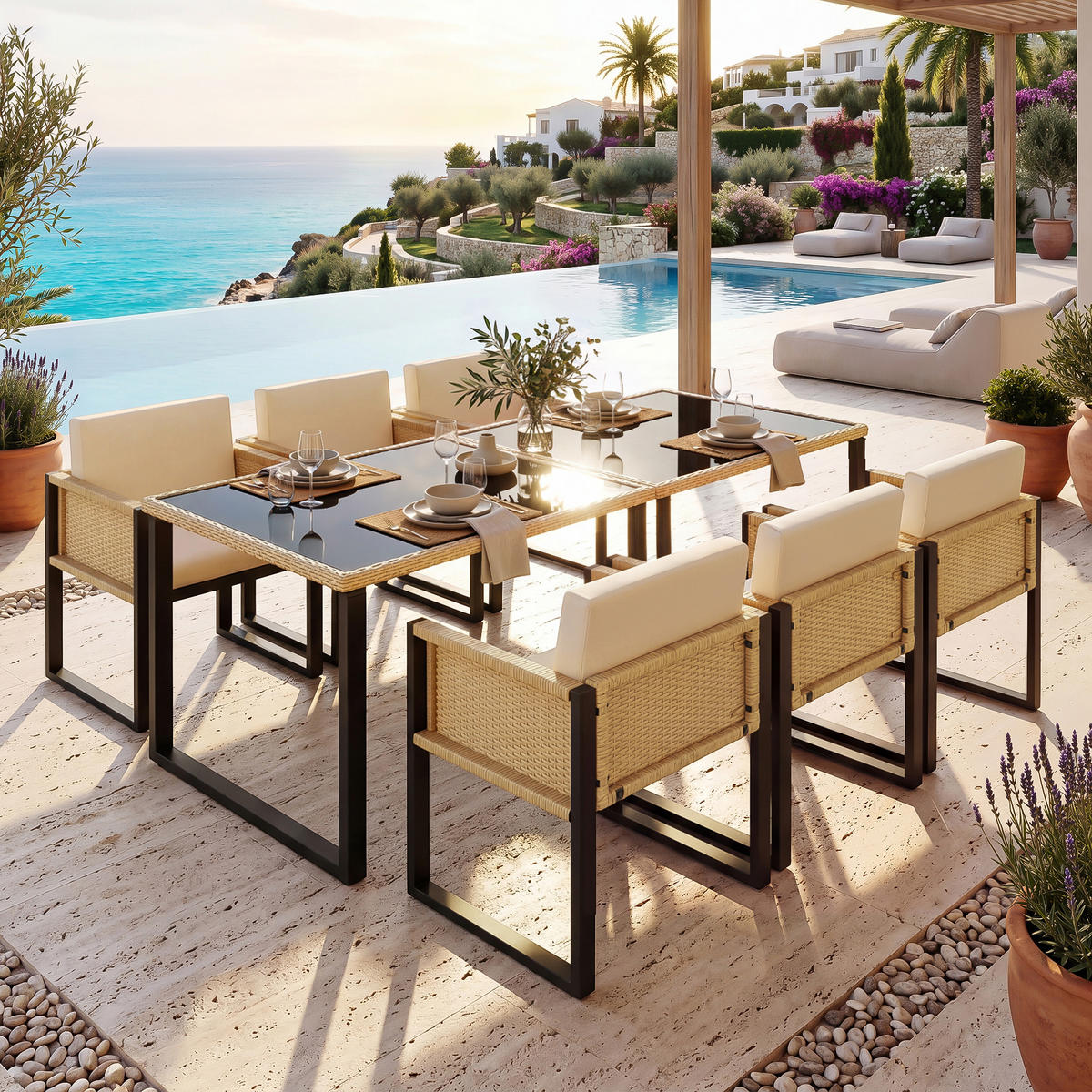 GARTENMÖBELSET Polyrattan 6 Personen Esstisch Stühle waschbar - Multicolor, Textil - FLIEKS