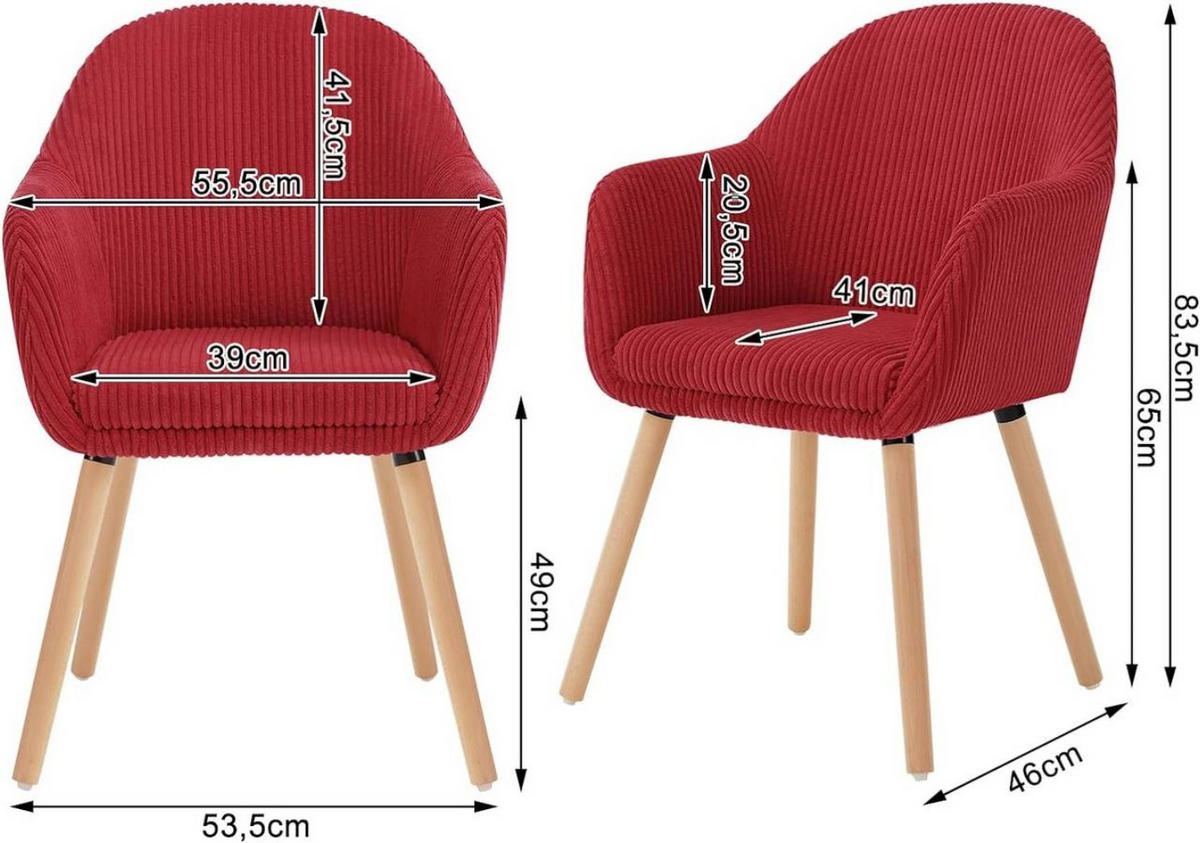 ESSZIMMERSTUHL 2er Set Polsterstuhl, Cord, Holzbeine, Rot - Eichefarben/Rot, Holz/Kunststoff (55.5/83.5/56.5cm) - Woltu