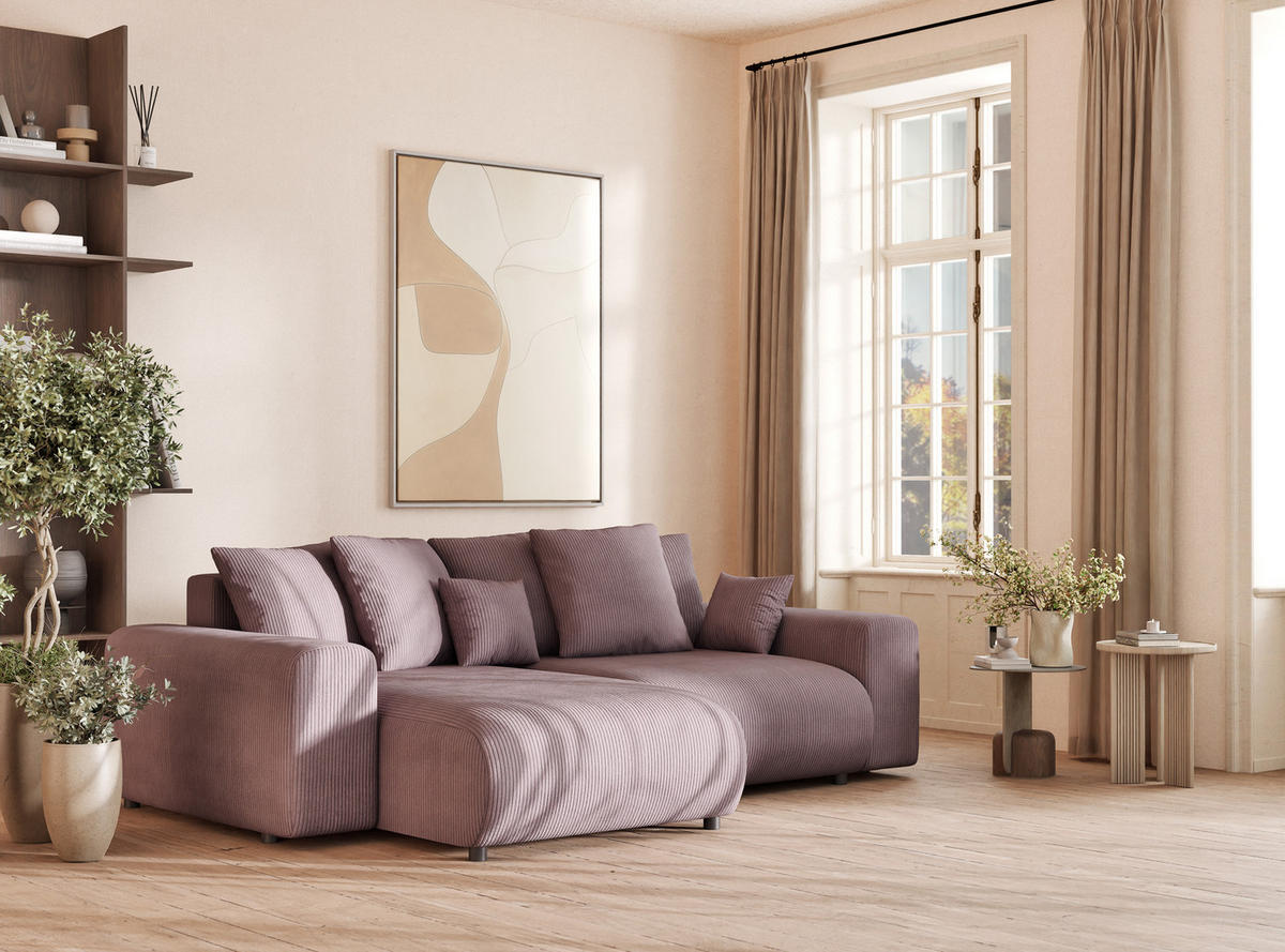 ECKSOFA MIT SCHLAFFUNKTION Solo Lila Samtstoff - Flieder/Schwarz, Holz/Holzwerkstoff (255/168cm) - Maison de Reve