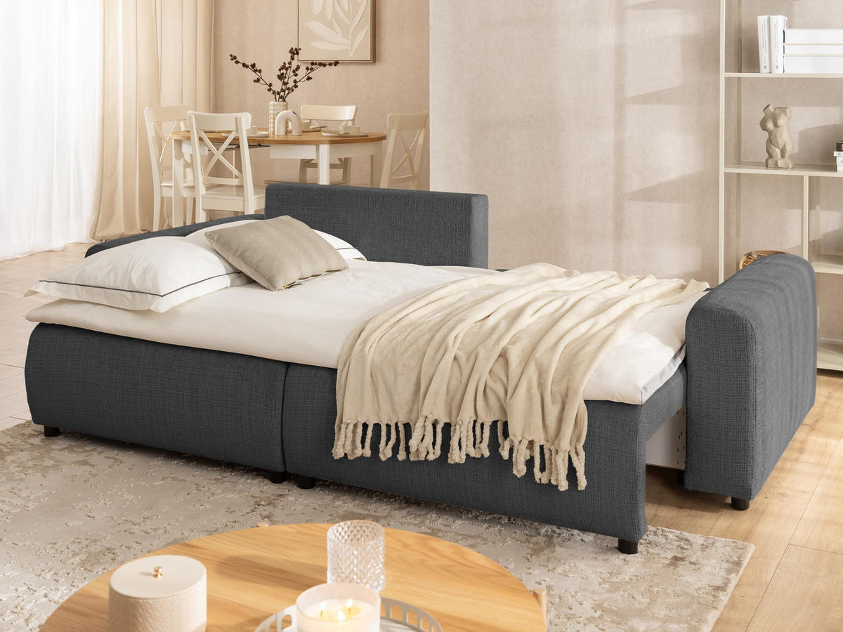 ECKSOFA Calma mit Schlaffunktion und Bettkasten im Bumpy-Design aus weichem Grau Chenille-Stoff - Ottomane links - Beige/Schwarz, Holz/Kunststoff (140/239cm) - S-Style Möbel