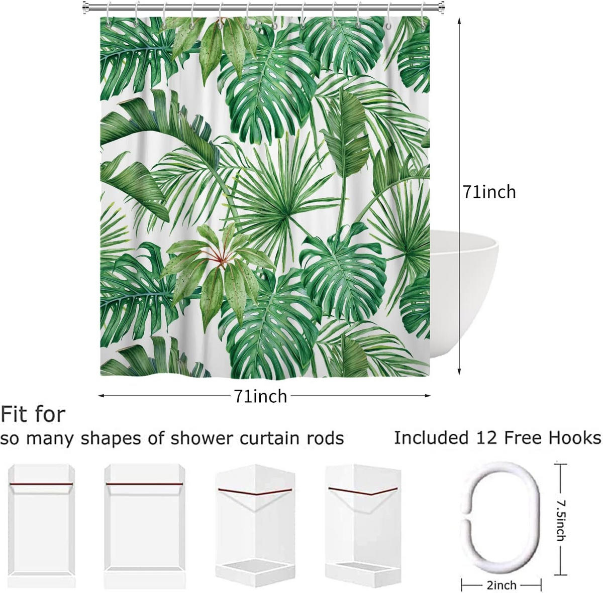 DUSCHVORHANG tropisch Palmen Blätter Grün Dschungel Pflanze botanisch wasserdicht Badewanne - Grün, Textil (180/180cm) - MCBOSON
