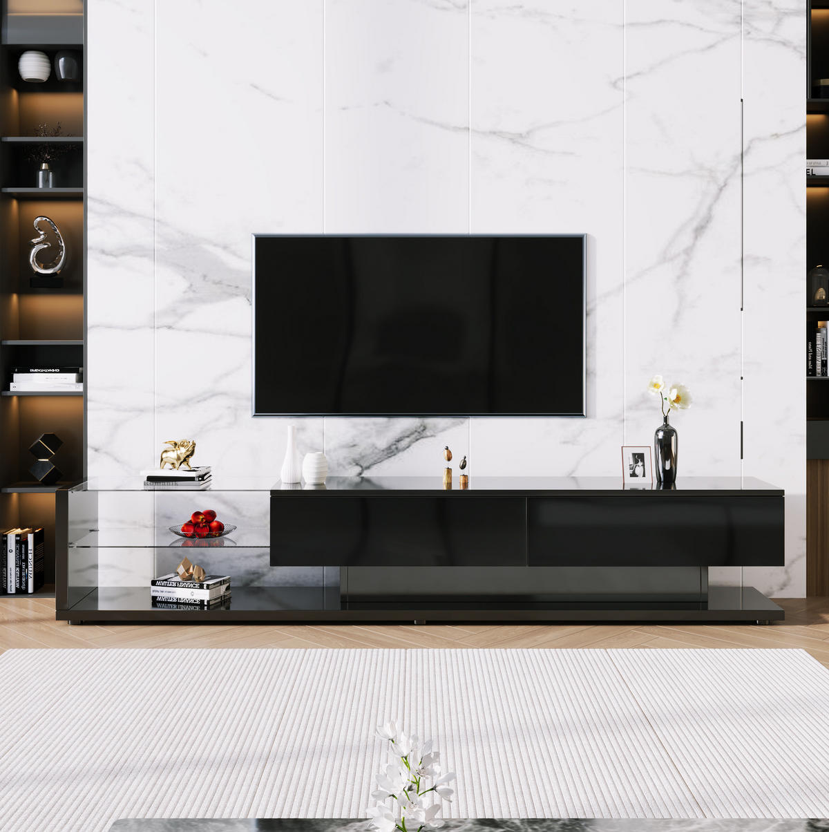 TV ormarić 170/36/38 cm crni od iverala s LED rasvjetom i staklenim policama - crna, drvni materijal (170/38/36cm) - OKWISH