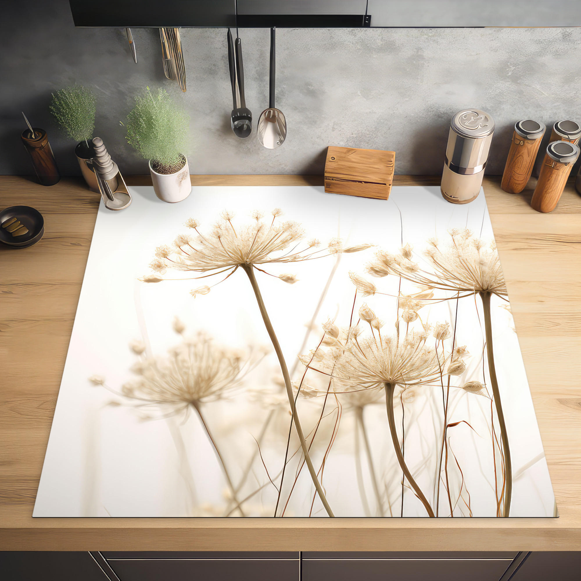 HERDABDECKPLATTE Blumen - Weiß - Sonnenlicht 78x78 cm - Ecru, Kunststoff (78/0.2/78cm) - MuchoWow