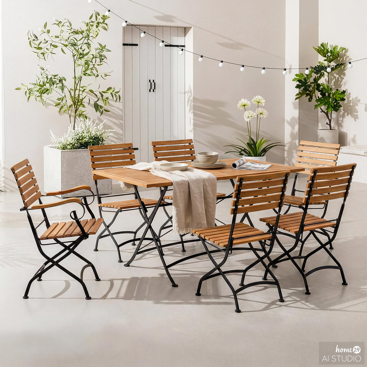 GARTENESSGRUPPE - Akazie massiv / Stahl - Akazie / Schwarz - 7-teilig - Schwarz/Akaziefarben, Holz/Metall - home24